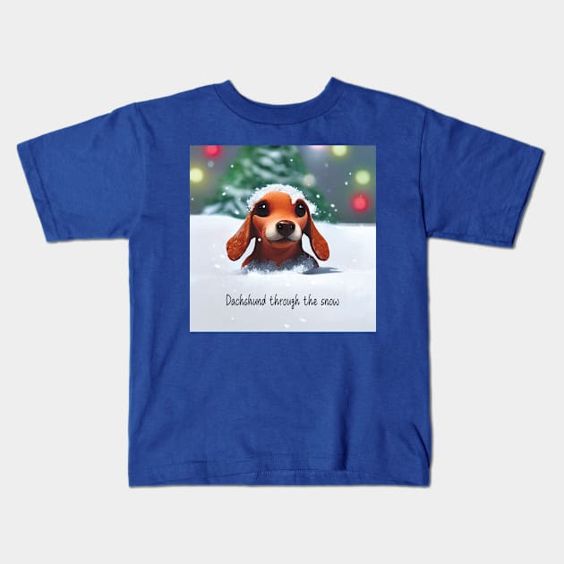 'Dachshund through the Snow' Sausage Dog Puppy in the snow Kids T-Shirt by Geminiartstudio